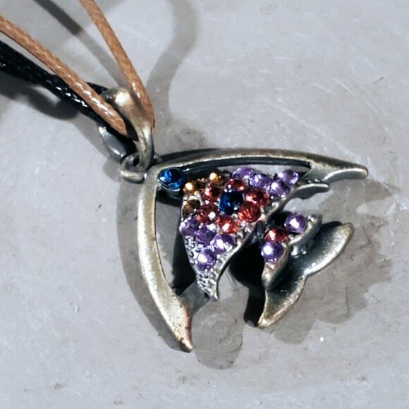 Rustic Antique Bronze Rhinestones Tropical Fish Pendant Necklace Vegan Leather - Picture 4 of 11